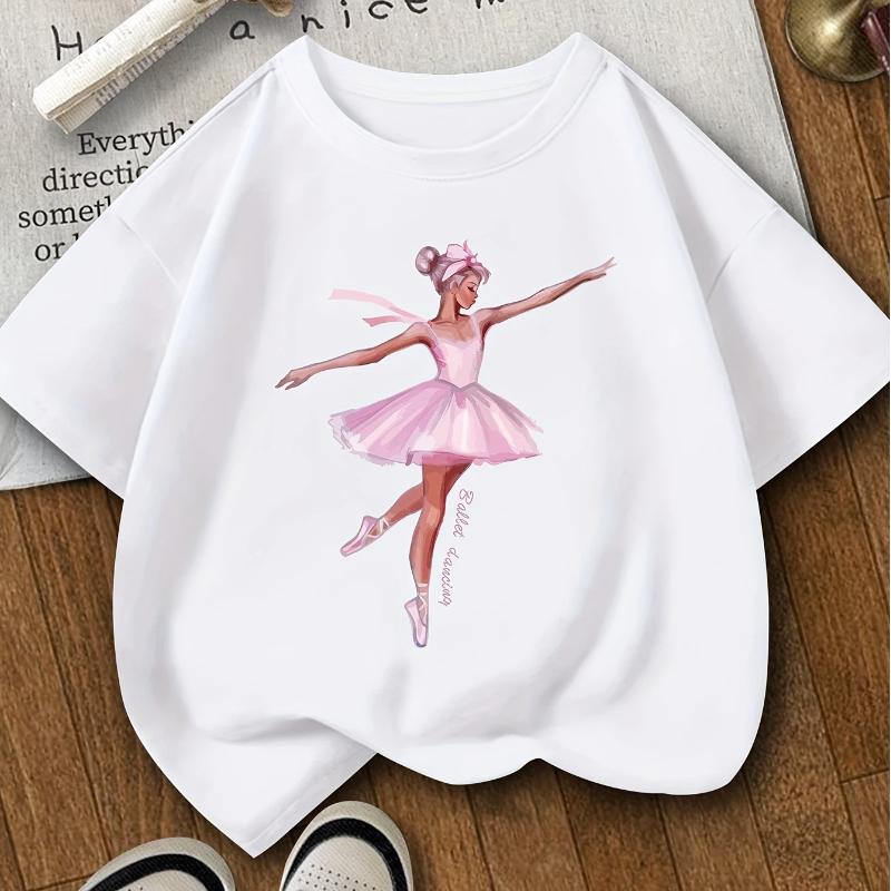 Girls 8-14 Years Dancing Girl Print T-Shirt - Casual Summer Short Sleeve Round Neck Top Suitable for Dance Classes, Casual Attire & Teen Girls