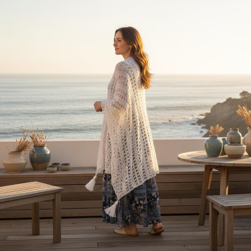 Summer Mesh Lace Women Cover-Up With Tassels Elegant Beach Open-Front Sun Protection Shawl