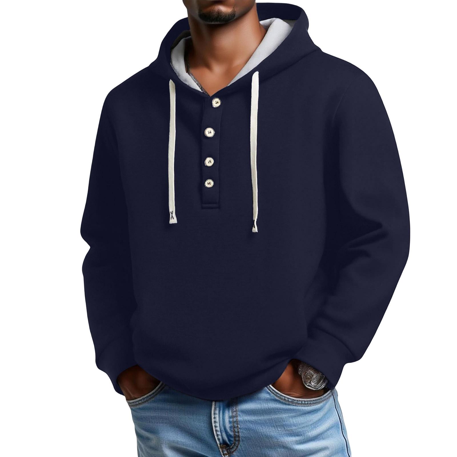 Мужской  На пуговицах  Свободный  Повседневный  Длинный  Рукав  С капюшоном  Капюшон  Толстовка M тёмно-синий