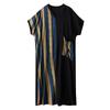 Real Shot Summer Thin Cotton and Linen Printing Thin V-neck Short Sleeve Contrasting Color Splicing Black Long Dress Length