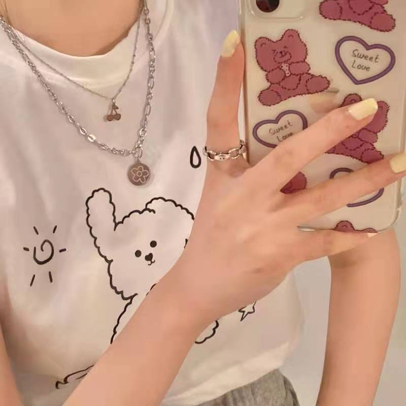 Cherry Flower Double Layer Simple Stacked Necklace Female Personality Design Sweater Chain Long Titanium Steel Clavicle Chain