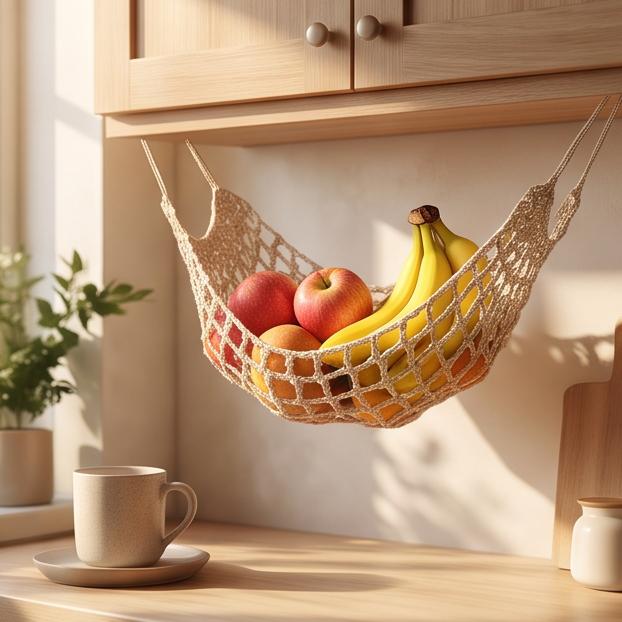 Grote Macramé Fruit Hangmat voor Keuken Onder Kast Hangende Fruitmand met 4 Haken Handgeweven Katoenen Opbergnet Dat Werkbladruimte Bespaart