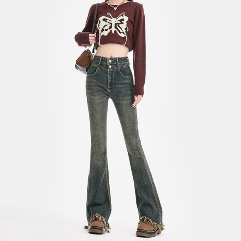 

American personalized fashion rough edge micro-pull jeans women s thin high waist spring and autumn new micro-flared jeans XL