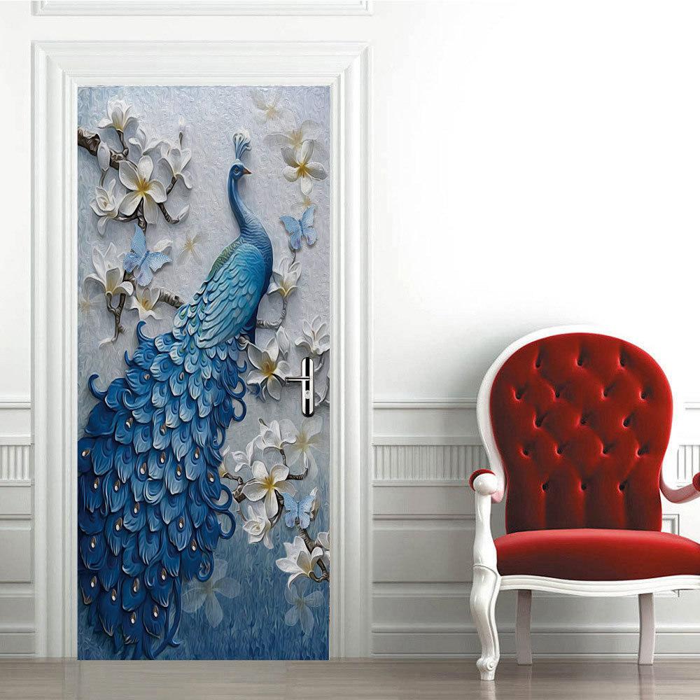 Beautiful Peacock Door Sticker Self Adhesive Wallpaper 3D DIY Renovation Waterproof Poster Bedroom