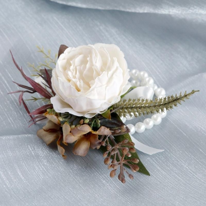 Romantics Champagne Wrist Corsage and Boutonniere Artificial Flower Set for Wedding Ceremonies Bridal Shower Flower