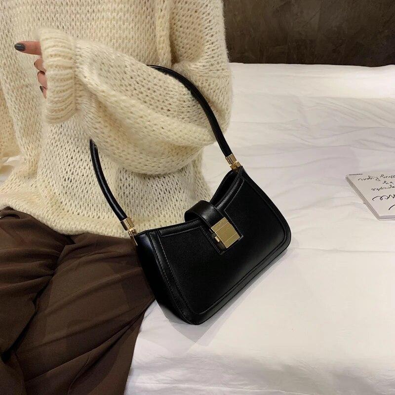 Shoulder Bags For Women Solid Color PU Leather 2024 Trend Lock Handbags Small Purse Hand Lady Designer Zipper Clutch