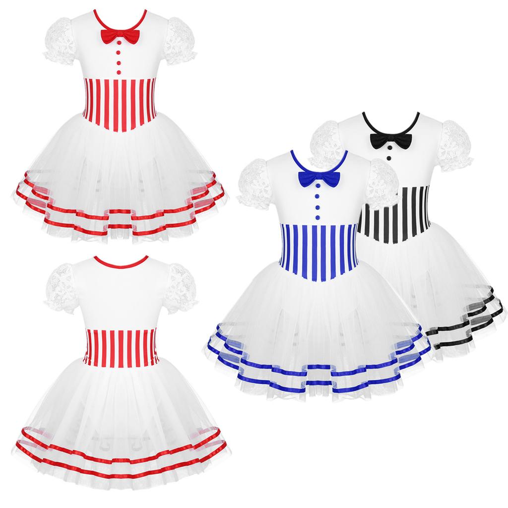 Kids Girls Lace Puff Sleeves Holiday Theme Party Tutu Dress Princess Dance Leotard Costumes