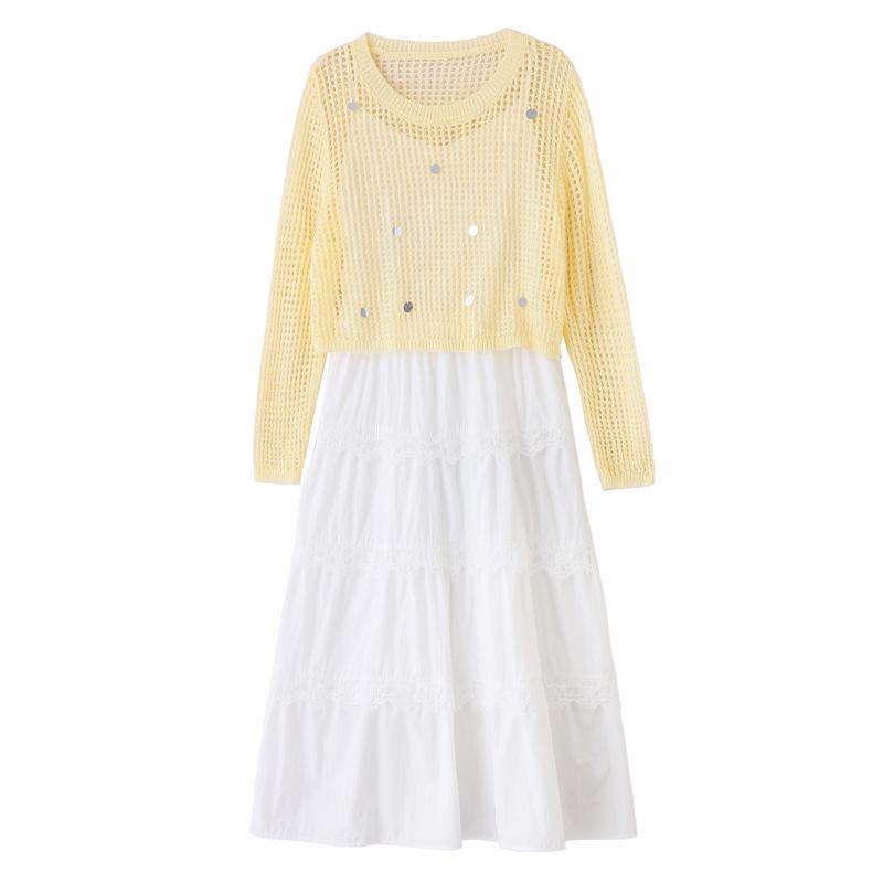 2025 Summer Women's White Sunscreen Spaghetti Strap Two-Piece Dress Set - Petite Slimming Fit (YF2563)