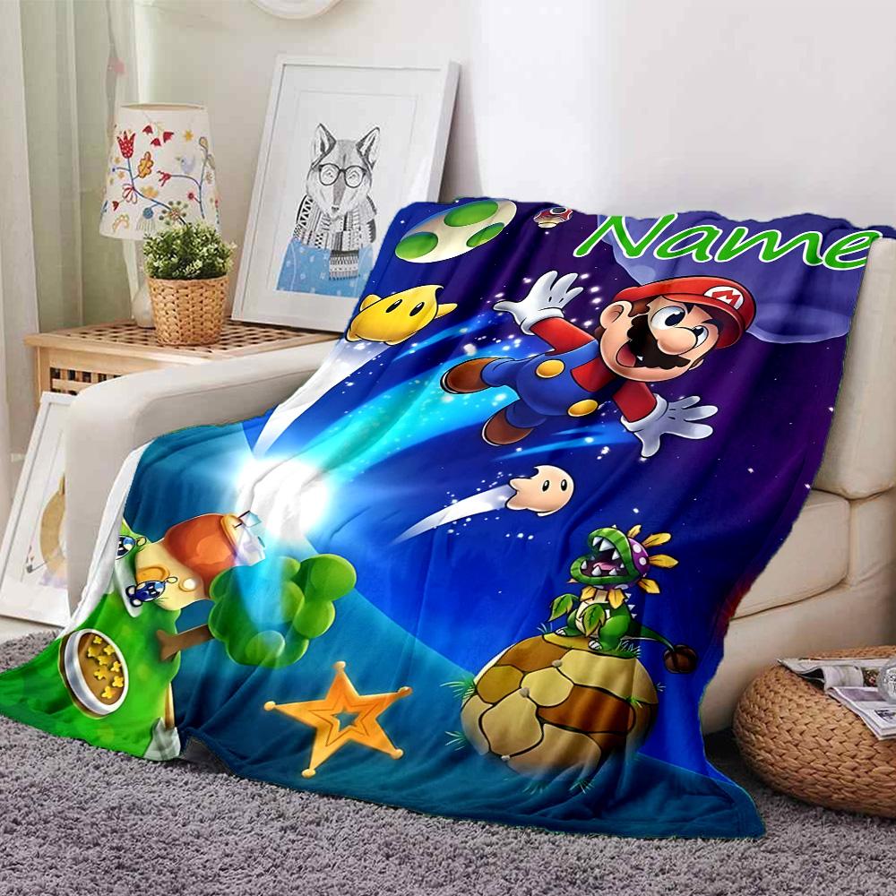Custom Name Super Mario Bros Adventure flannel Blanket for Super Soft Cute Comfort Blanket for Travel Bedding Couch Sofa Blanket