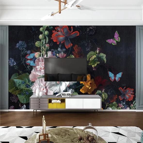 Foto Estilo Europeo 3D Estereoscópico Relieve Flores Florales Mariposa Mural de Pared Sala de Estar Sofá Papel Pintado