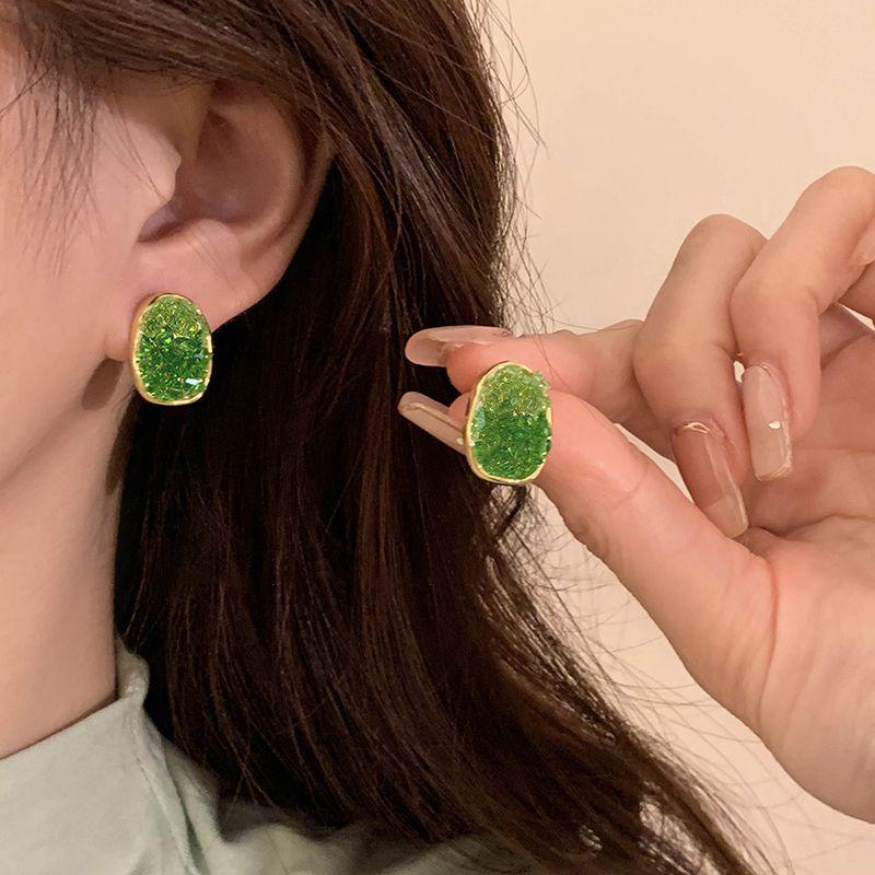 Korean Colorblock Crystal Stud Earrings - Chic & Stylish Women's Ear Clips, Hong Kong Style.