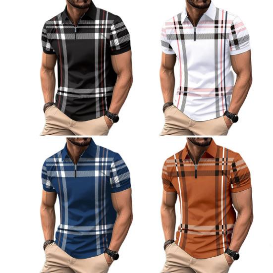 Pánská letní košile klopa zip barevně ladící kostkovaný pruhovaný potisk Slim Fit svetr s krátkým rukávem střední délka měkký prodyšný pánský top