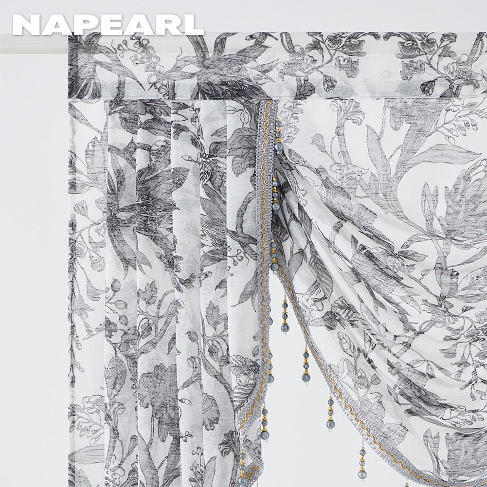 1PC NAPEARL Retro High-end Bead Lace Edging Printed Sheer Curtain Head for Kitchen Bedroom Living Room Window Decoration