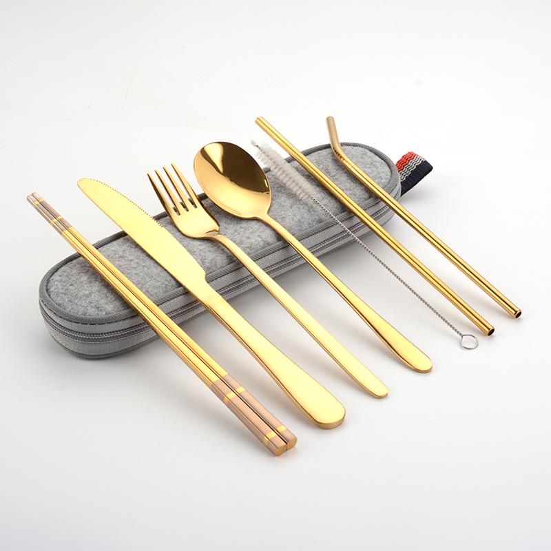 Cross-border Stainless Steel Travel Cutlery Set: Knife, Fork, Spoon, Straw, Chopsticks, and Portable Bag.