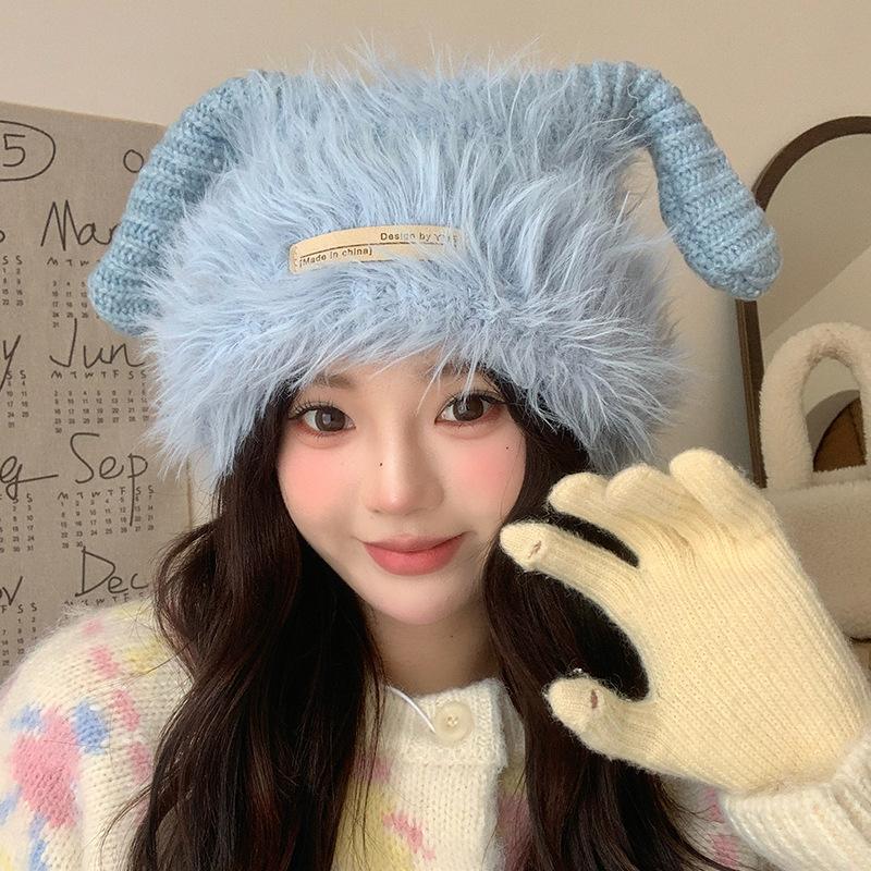 

Плюшевая вязаная шапка Осень и Зима Корейская версия Теплая защита ушей Защита от холода Шерстяная шапка Персонализированная шапка с рожками Большая голова Холодная шапка для женщин