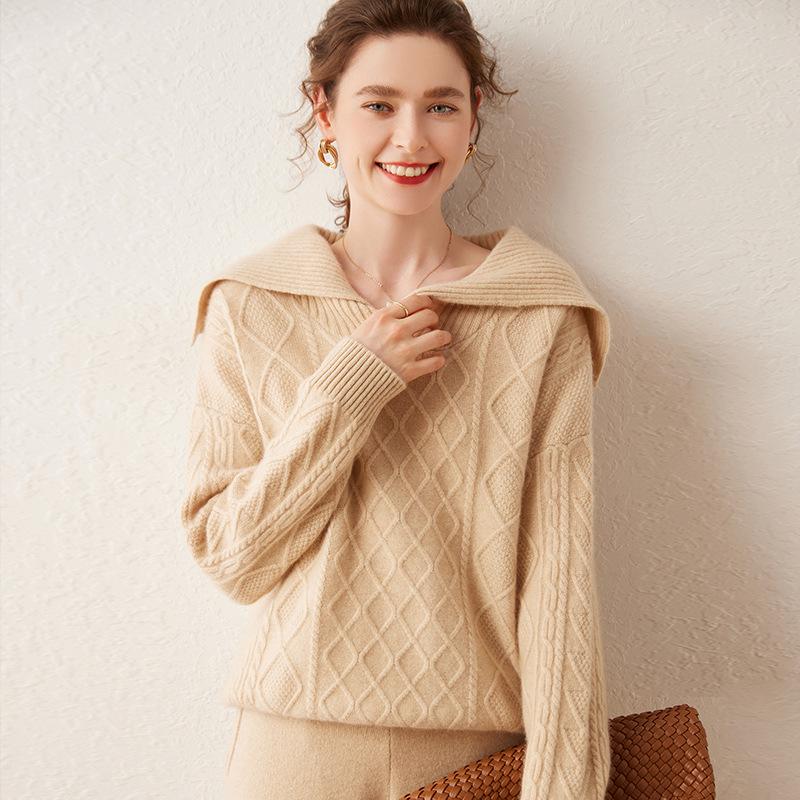 2024 Women's Heavyweight Cashmere Cable Knit Sweater - Thick, Loose Pullover Ideal for Autumn/Winter