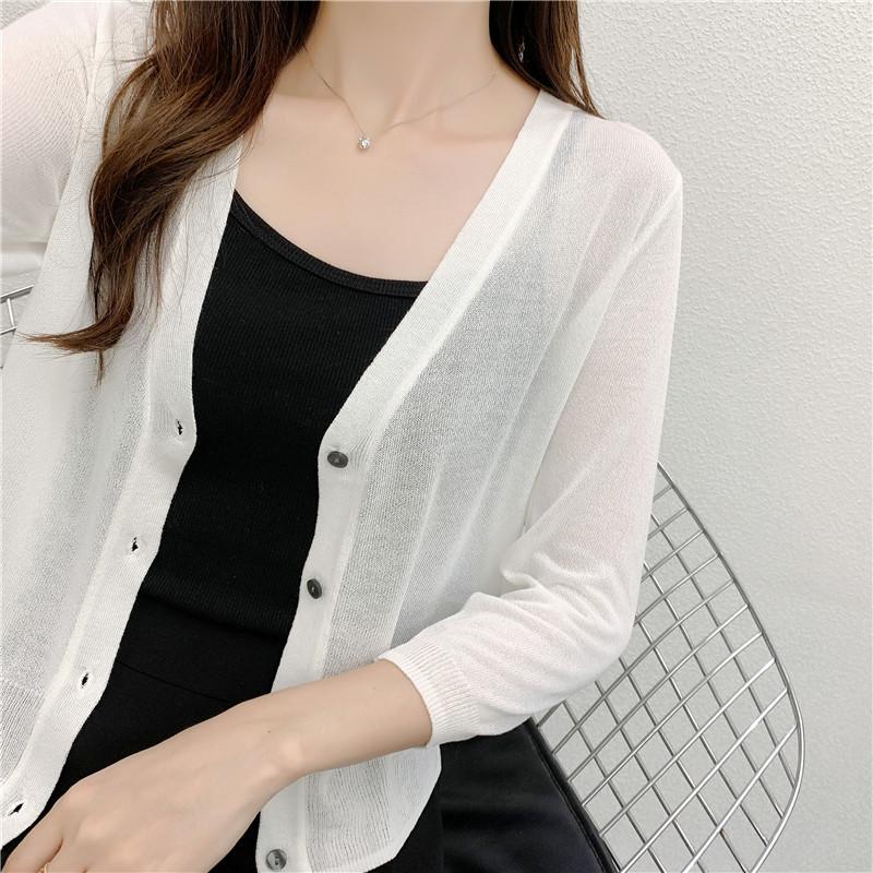 Sommer Eis Seide Dreiviertel Ärmel Kurz Gestrickte Strickjacke für Damen, Ultra-dünner Außenmantel Schal, Klimaanlagen Hemd, Sonnenschutz Jacke,