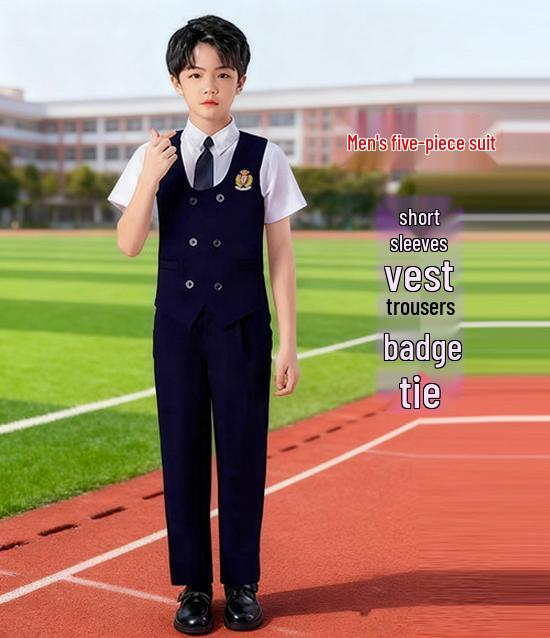 Children's Patriotic Choir Costumes - Boys & Girls Blue Outfits with Red Scarf for Recitation Competitions