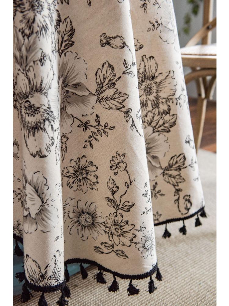 French Vintage Floral Print Tablecloth with Tassels - Black and White Rose Design, Round Cover for Dining Room or Kitchen Decor