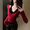 Spring Autumn Sexy Fashion Lace Patchwork Fake Two Pieces Pullover Tee Women Long Sleeve All-match T-shirt Top