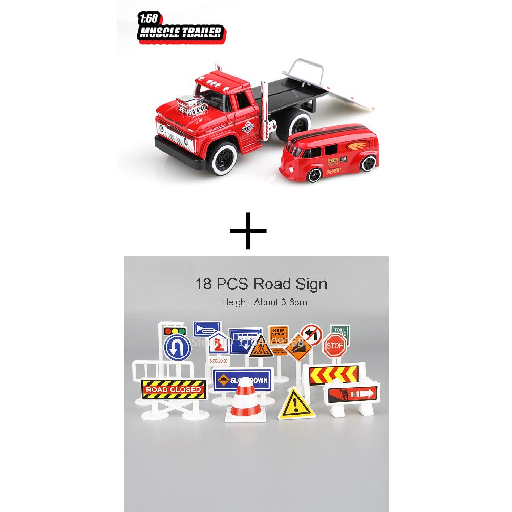 Scale 1:60 American Muscle Trailer Model Toy Car Sound Light Alloy Diecast Pull Back Flatcar Models Birthday Gifts for Kids