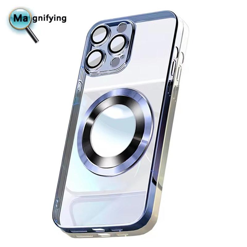 Luxury Plating Magnet Cover For Magsafe Case Iphone 16 15 14 Plus 17 Air 11 12 13 11 Pro Max Apple Logo Magnifier Camera Protect