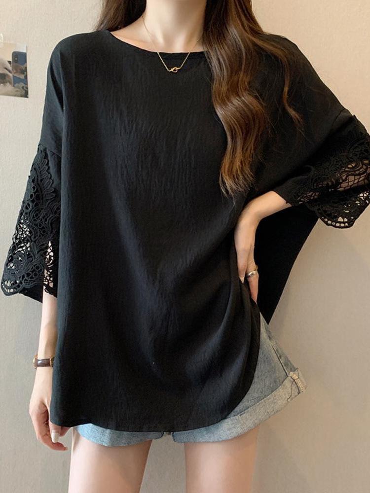 Plus Size O-Neck Spliced Lace Ruffles T-Shirts Female Clothing Summer Loose Solid Color Casual Short Sleeve Tops Sweet Tee