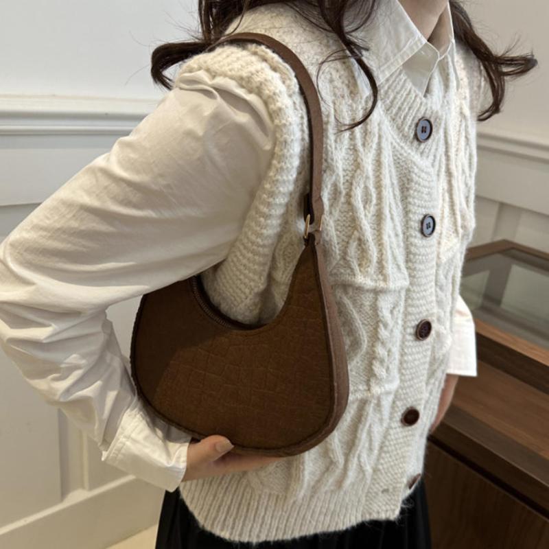 1Pcs Casual Solid Color Handbag For Daily Travel Women'S Stone Pattern Underarm Shoulder Tote Bag With Felt Material