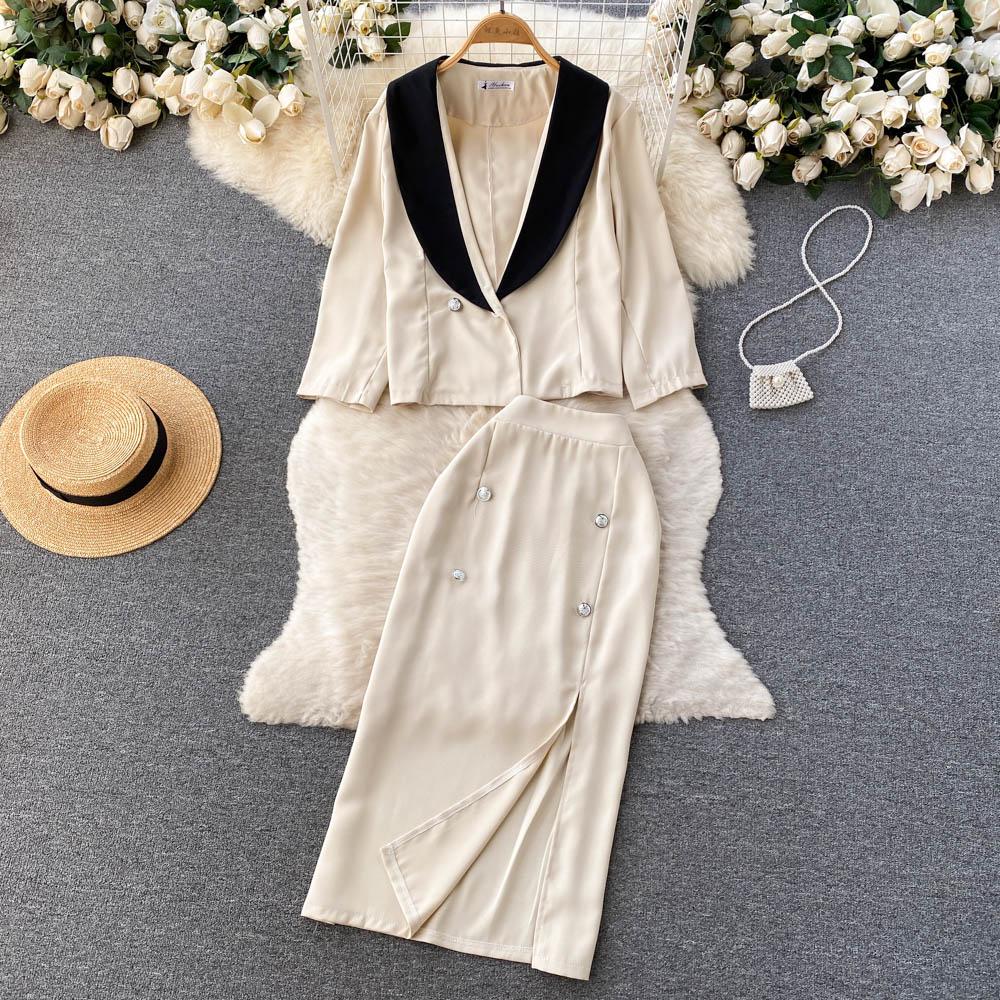High-End Two-Piece Suit Women's Summer Style Contrast Color Suit Jacket High Waist Mid-Length Slit Skirt