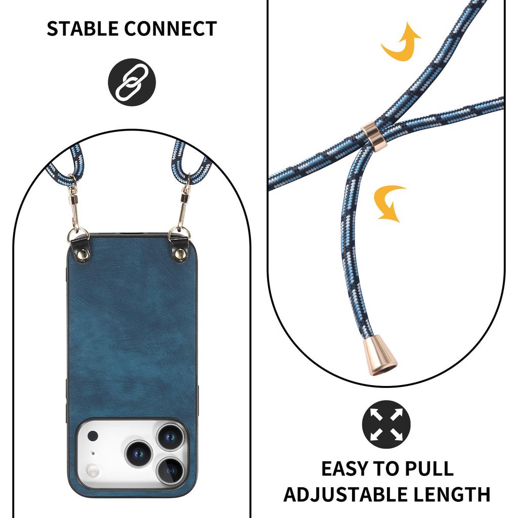 Pro iPhone 17 Pro Retro kožený zadní kryt telefonu s nastavitelným popruhem