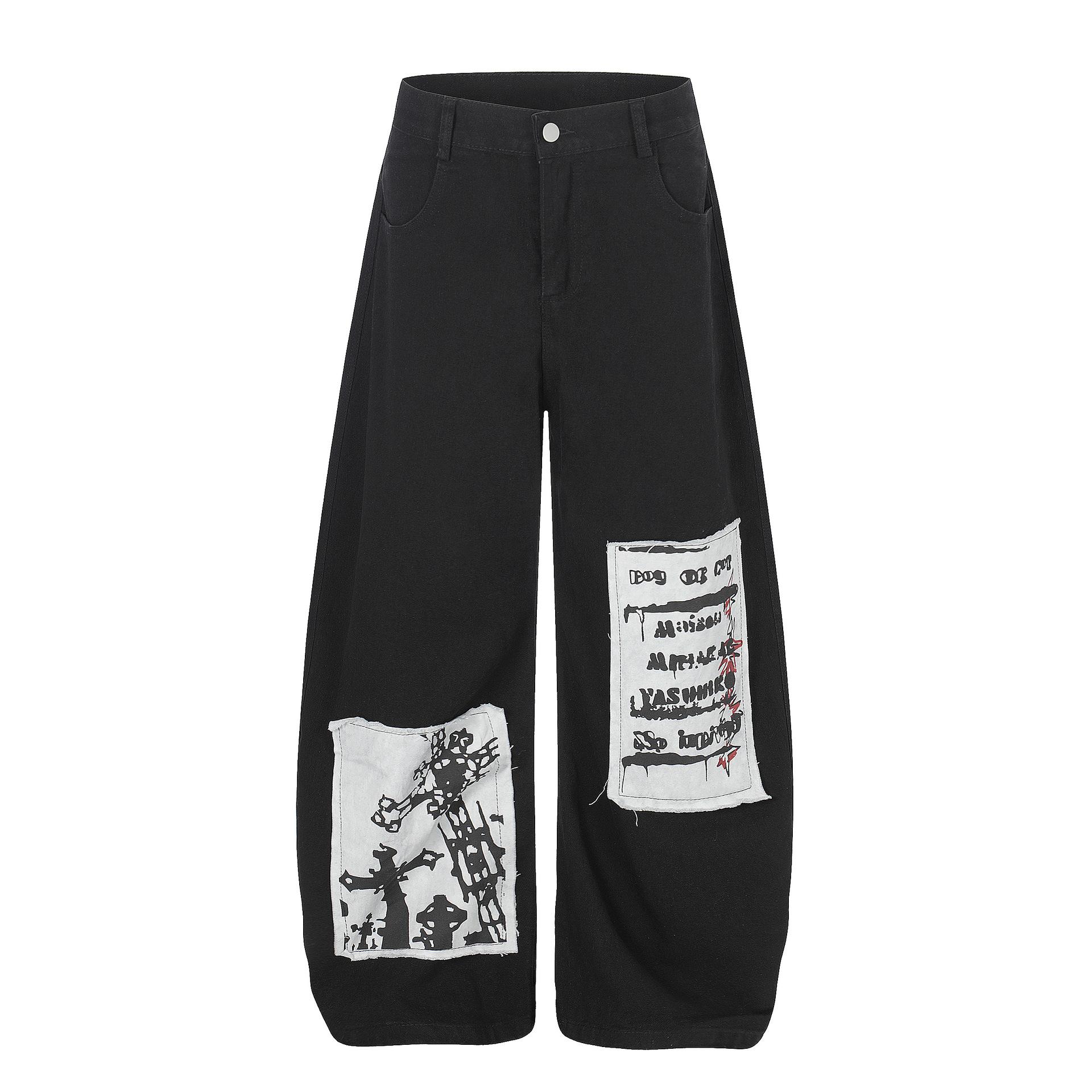 American RO wind patch washed personalized scimitar jeans loose wide-leg trousers S