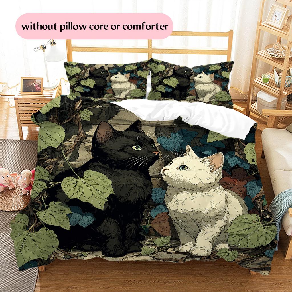 Leaf Cat Pattern Bedding Quilt Set Home Decoration Gift (1 * duvet cover + 2 * pillowcase without core)