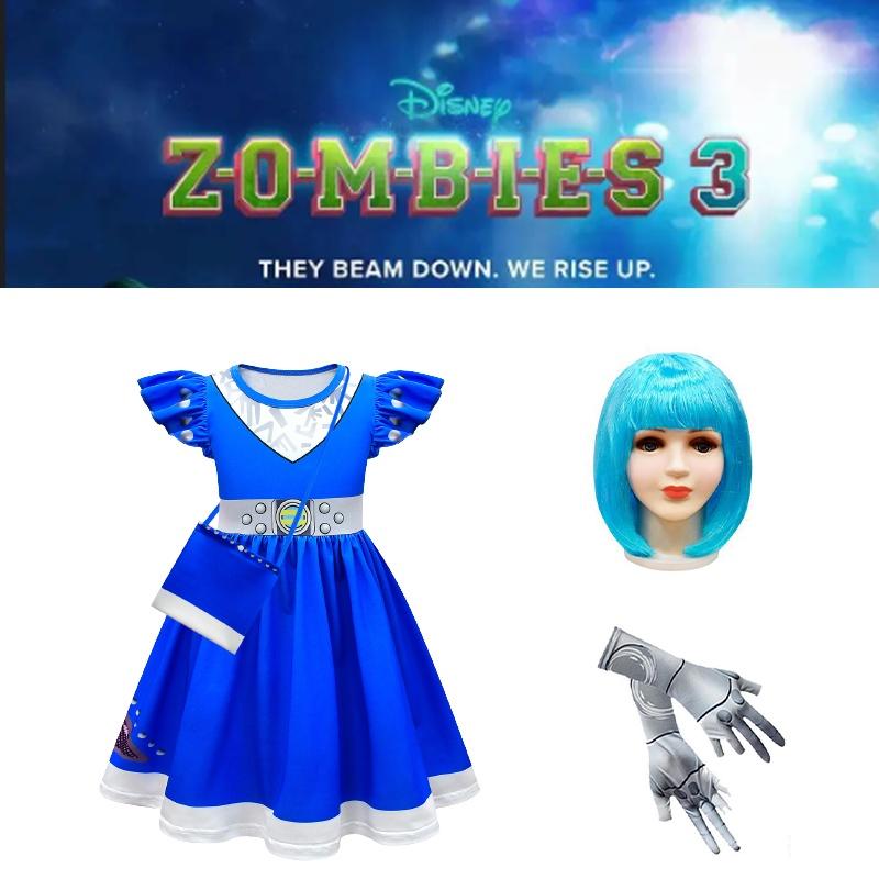 Zombies Kids 3 Cosplay Costume Girls Dress Bag Wig Halloween Outfit Suit Gifts