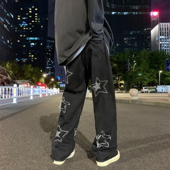 Men Denim Pants Five-pointed Star Pattern Embroidery Loose Wide Leg Streetwear Solid