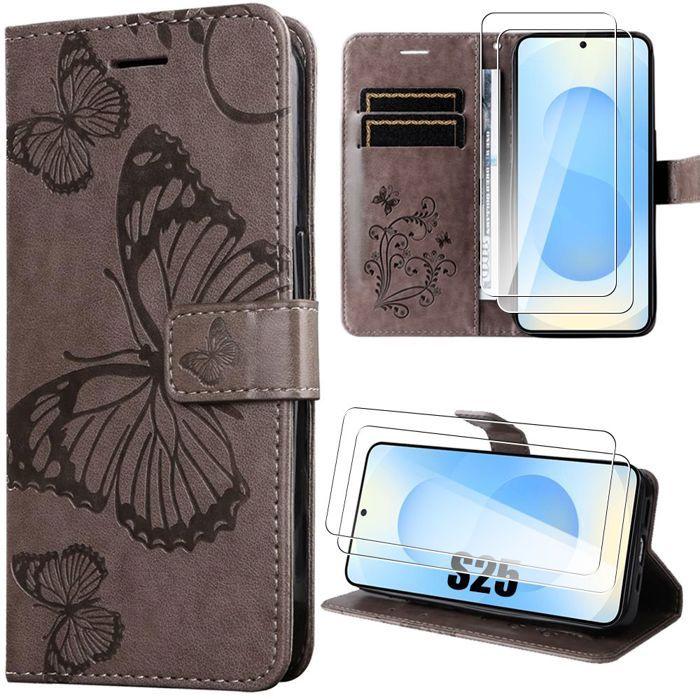 Coque de protection - BOOLING - pour Samsung Galaxy S25 - Cuir Synthétique Marron - Motif Papillon - 2 Verres Trempés