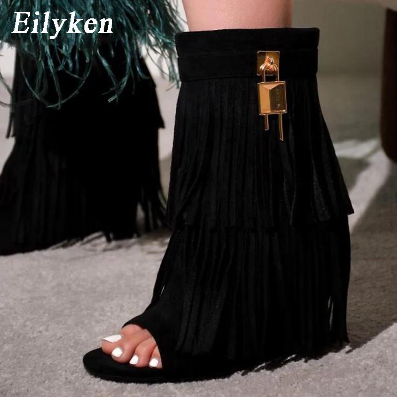 Mode Eilyken Frühling Sommer Design FRANSEN Keilabsätze High Heels Damen Stiefel Sandalen Reißverschluss Peep Toe Bankett Party Kleidschuhe