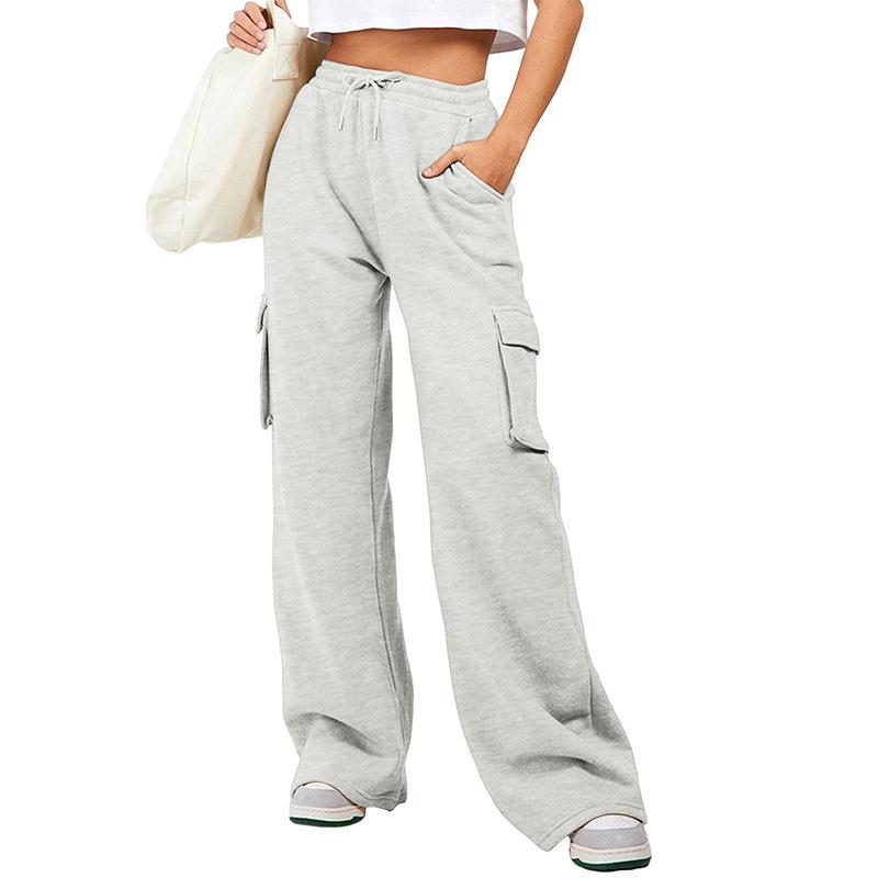 Women's Solid Color Drawstring High Waist Cargo Pocket Wide Leg Sweatpants Casual Loose Fit Sport Trousers