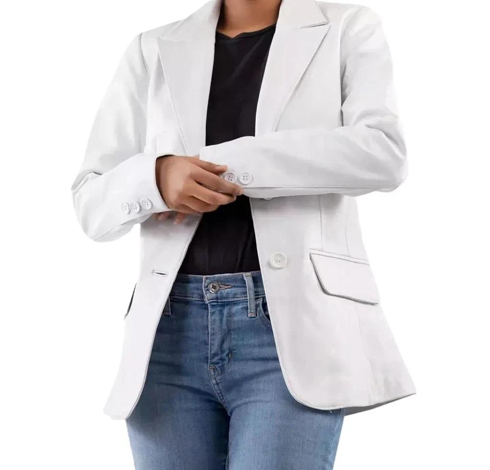 Stylish Formal Office Fit Handmade Leather White Women's Blazer Lambskin Genuine