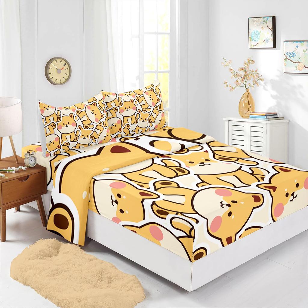 Cute Cartoon Cat Pattern Bed Hat Four-Piece Bedding Set Bedroom Dormitory Bedding Decoration