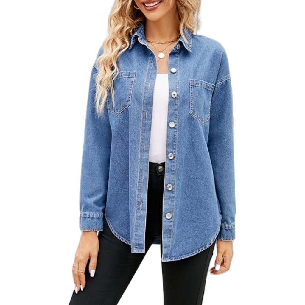 Women's Loose Long Sleeve Denim Jacket Shirt Casual Button-down with Pockets Versatile Denim Top for Women European American Size