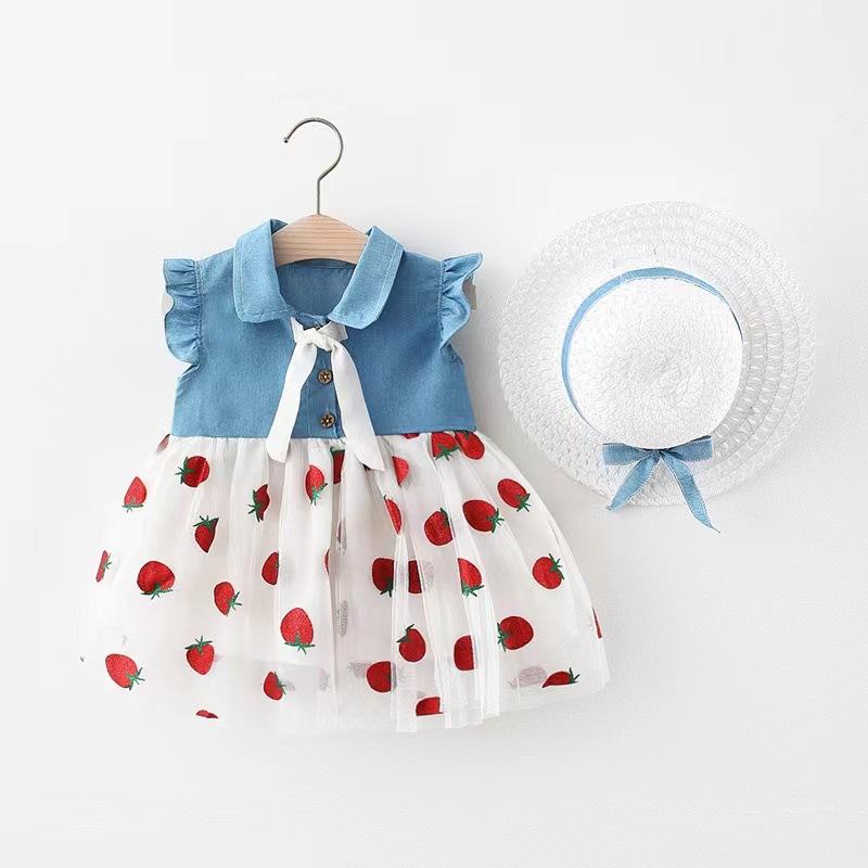 Girls Summer Denim And Tulle Spliced Princess Dress Sweet Cute Children Skirt