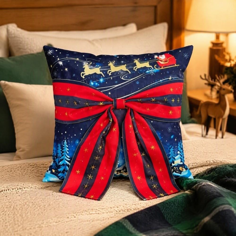 Bow Design Christmas Pillow Cover Snowflake Xmas Tree Pillowslip Sofa Pillow Cover  Holiday Cushion