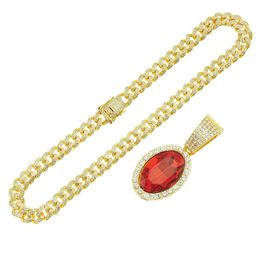 Ruby Oval Pendant, Large Buckle Cuban Chain Necklace, Men's Hip-hop Hip-hop Jewelry.