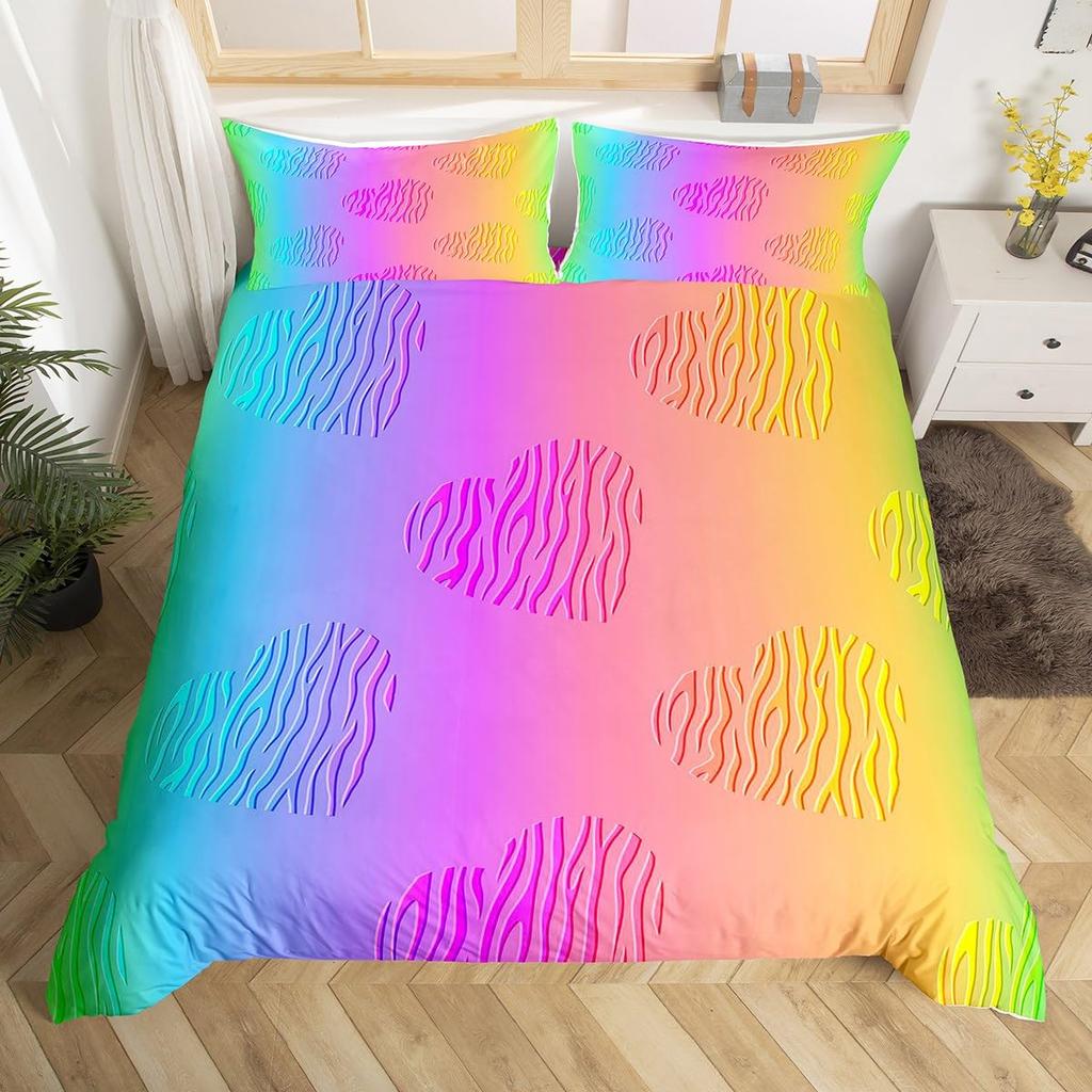 Colorful Rainbow Heart Duvet Cover Sets For Kids Boys Girls Queen Lightweight Quilt Covers Love Heart Bedding Sets Bedroom Decor