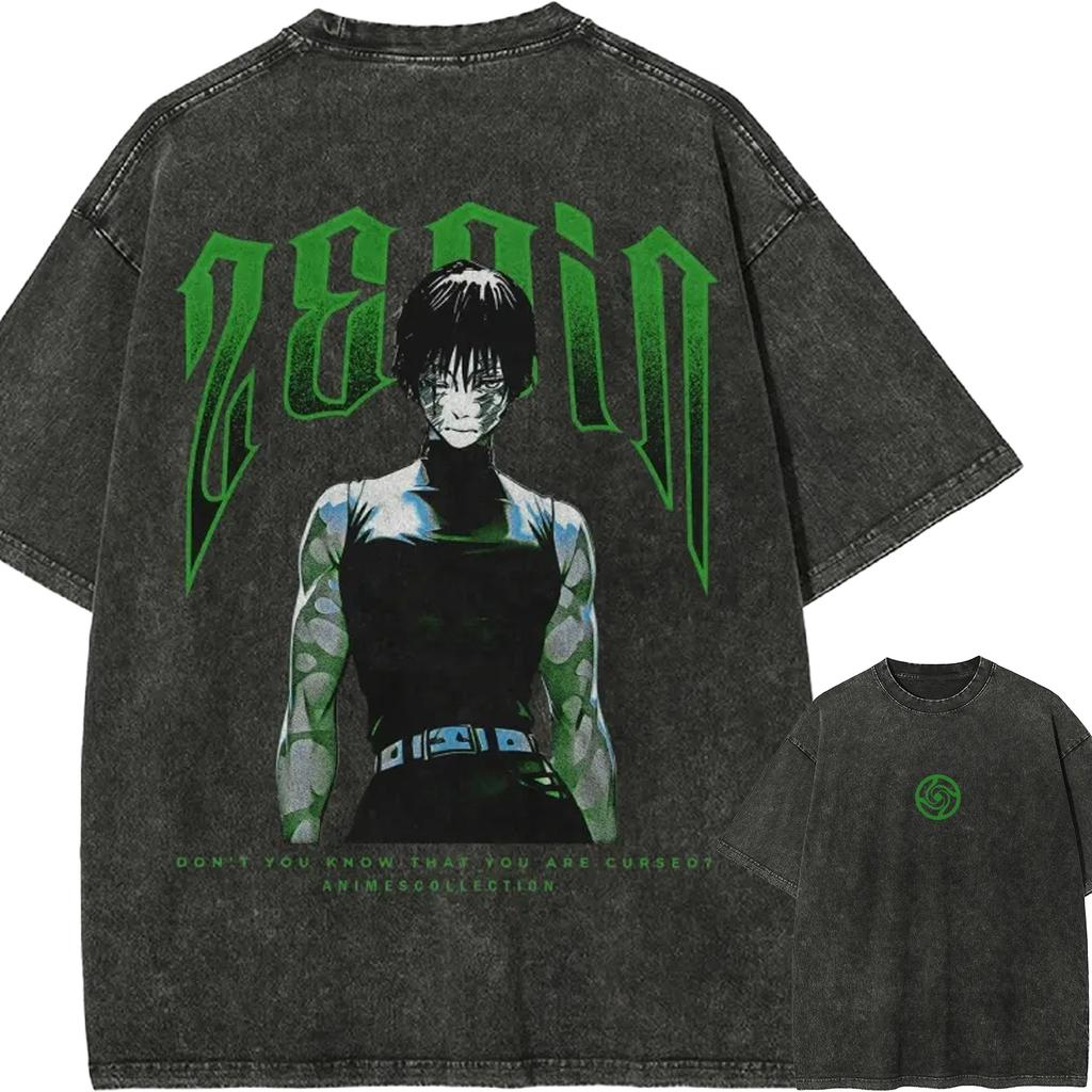Maki Zenin TShirt Jujutsu Kaisen Anime Graphic Tee Vintage Washed Cotton Oversized Harajuku Streetwear Hip Hop Men Clothes
