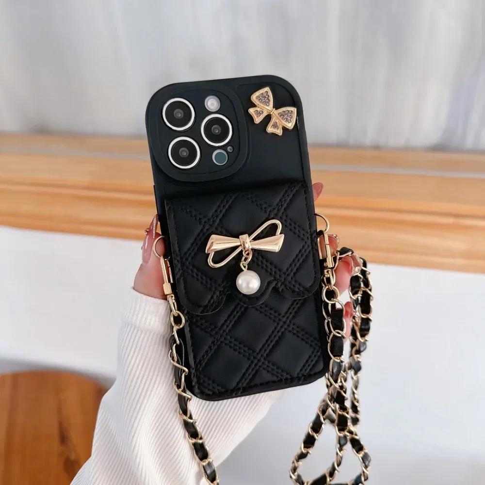 3D Bowknot Crossbody Card Holder Wallet Phone Case for IPhone 17 Air 16 Pro Max 15 14 Plus 13 12 11 XS XR X 7 8 Plus Cover