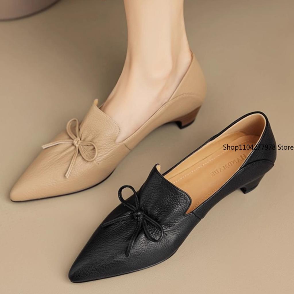 Fashion Phoentin Office Ladies Elegant Black Shoes Women's Pointed Toes Mid Heels 2025 New Genuine Leather Retro Pumps Bow Pointed