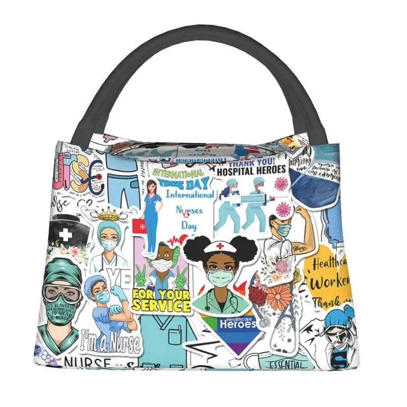 Nurse Nursing Tool Pattern Insulated Lunch Bag for Work Office Resuable Thermal Cooler Bento Box Women