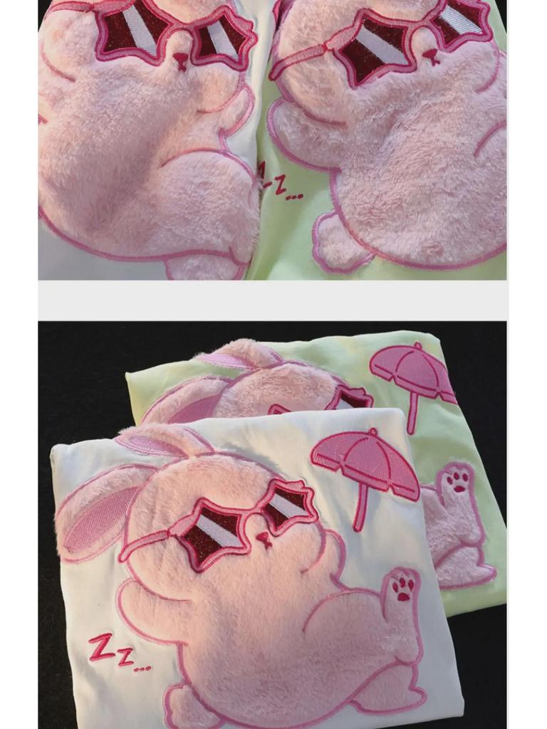 Women's Retro Cute Rabbit Flocked Short Sleeve T-Shirt - Pure Cotton Summer Couple Top