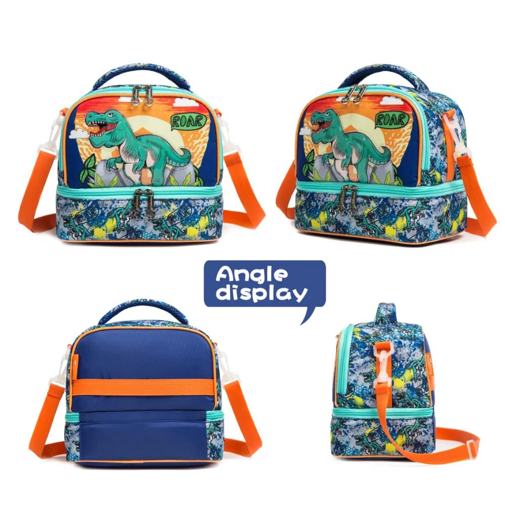 Lunch Bag for Kids Dinosaur Insulated Bag Boy Girl Waterproof Double Compartment Thermal Adjustable Shoulder Strap